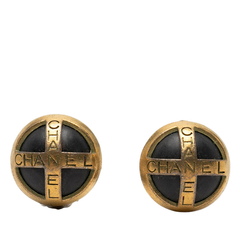 Gold Plated and Acrylic Logo Round Button Clip On Earrings