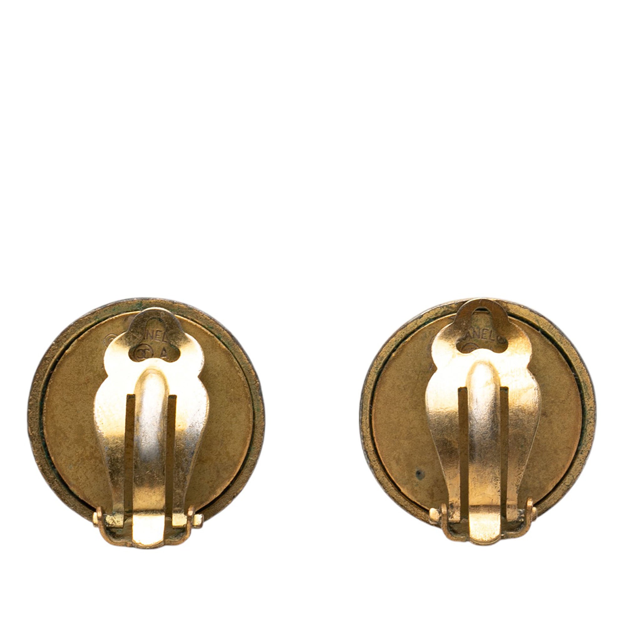 Gold Plated and Acrylic Logo Round Button Clip On Earrings - Image 2