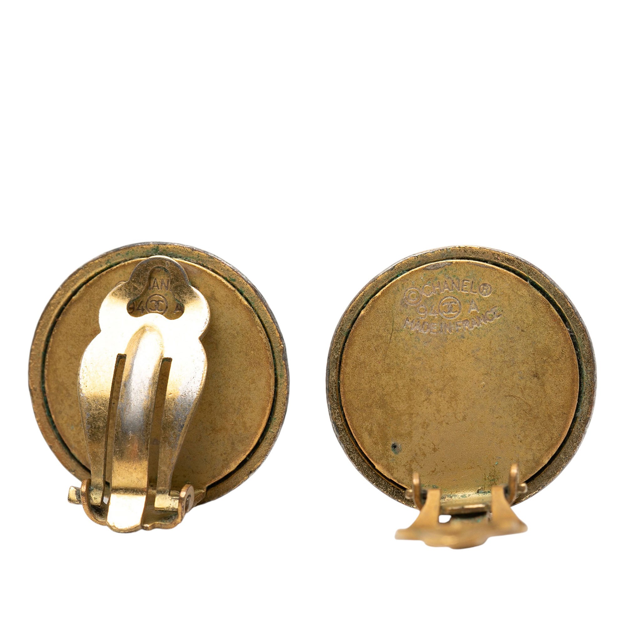 Gold Plated and Acrylic Logo Round Button Clip On Earrings - Image 3