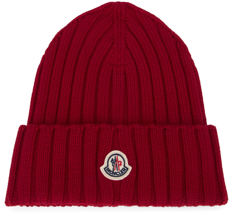 Moncler L20933b00036 Ribbed Virgin Wool Beanie — Red Berets