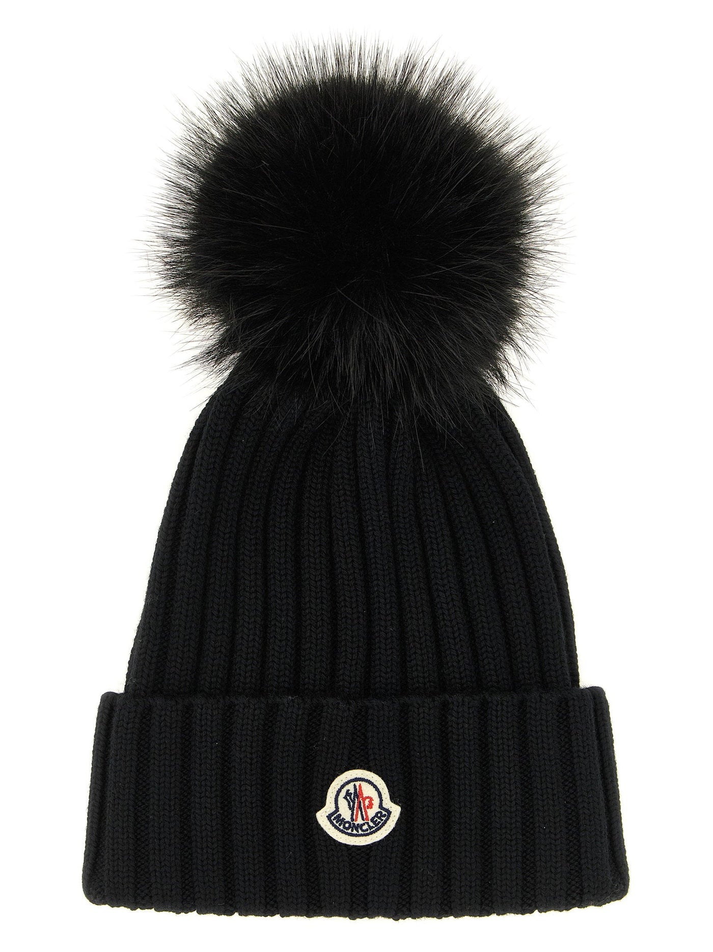 Moncler Ribbed Wool With Fur Pompom Beanie — Black Ultra-fine Merino Beanies