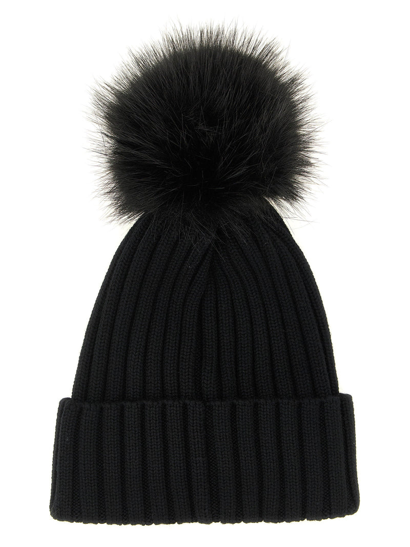 Moncler Ribbed Wool With Fur Pompom Beanie — Black Ultra-fine Merino Beanies