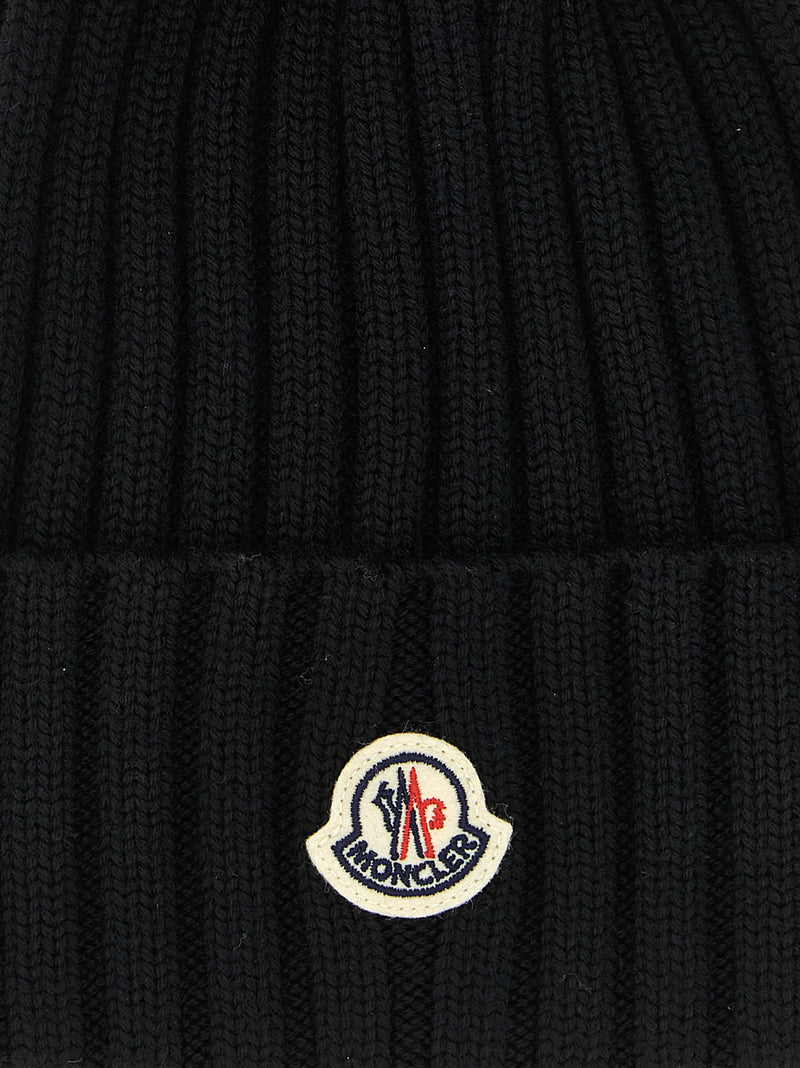 Moncler Ribbed Wool With Fur Pompom Beanie — Black Ultra-fine Merino Beanies