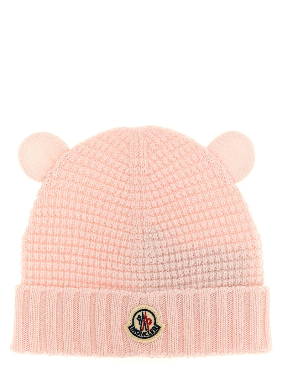 Moncler Enfant Teddy Bear Ear Beanie — Pink Virgin Wool Winter Hats