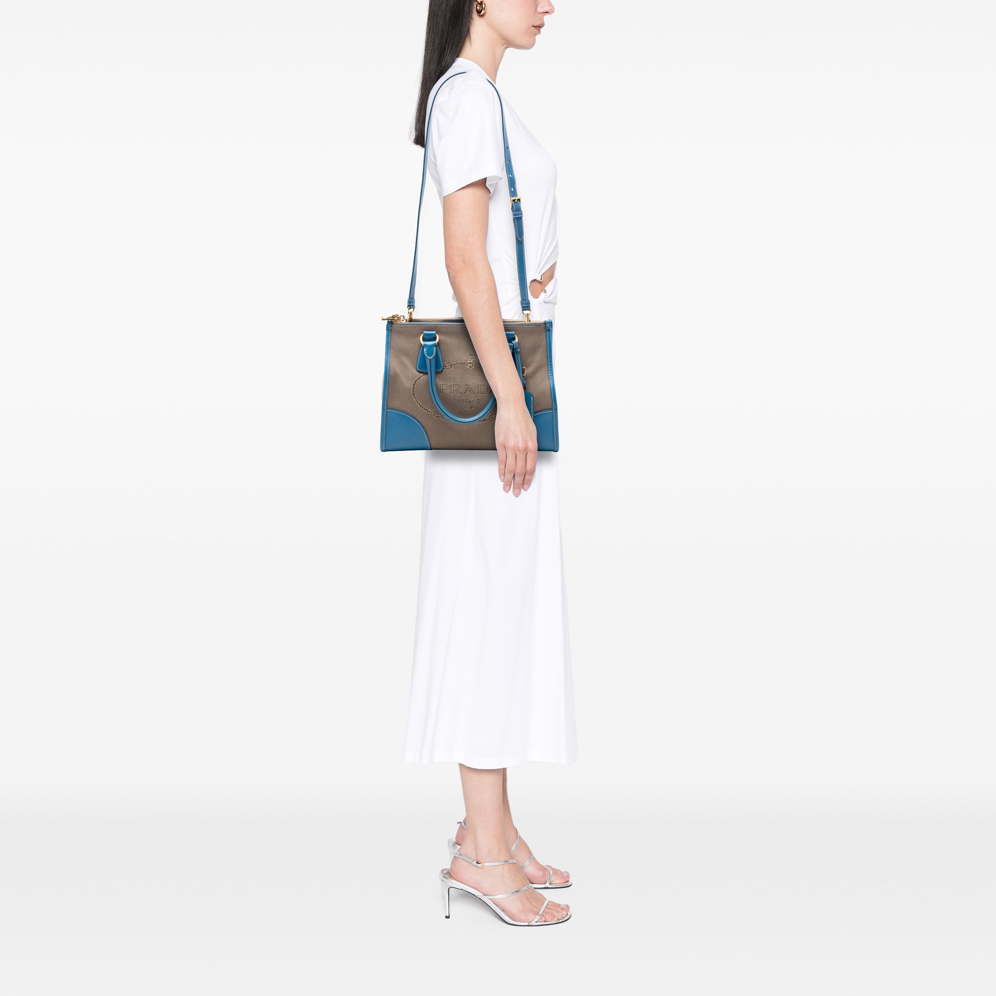 Saffiano Trimmed Canvas Canapa Logo Double Zip Satchel - Image 6