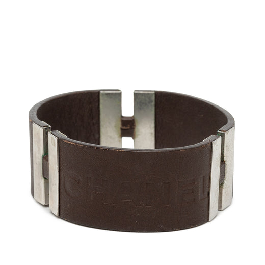 Debossed Leather and Brass Logo Cuff Bracelet - Image 1