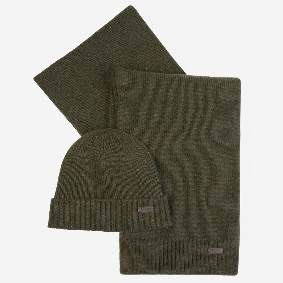 Barbour Mgs0047 Ribbed Wool Blend Beanie & Scarf Set — Green Acrylic Beanies