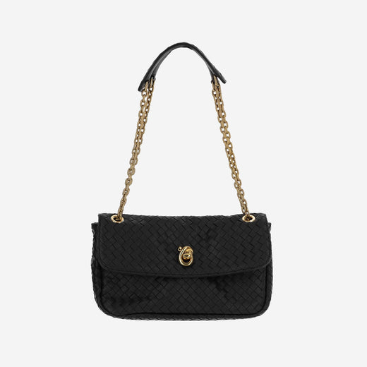 Bottega Veneta Intrecciato Woven Lambskin Shoulder Bag — Black Lamb Skin