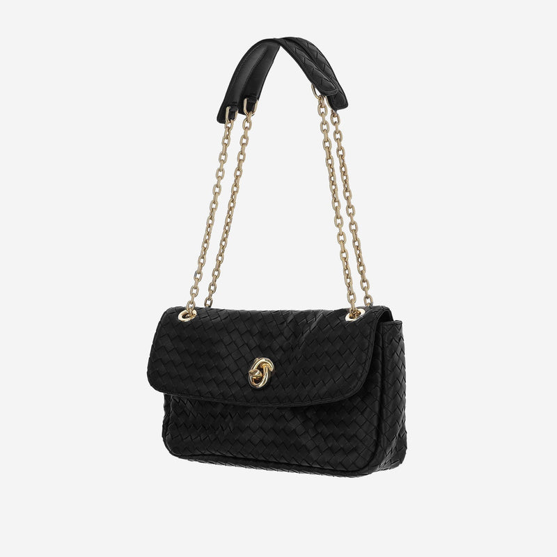 Bottega Veneta Intrecciato Woven Lambskin Shoulder Bag — Black Lamb Skin