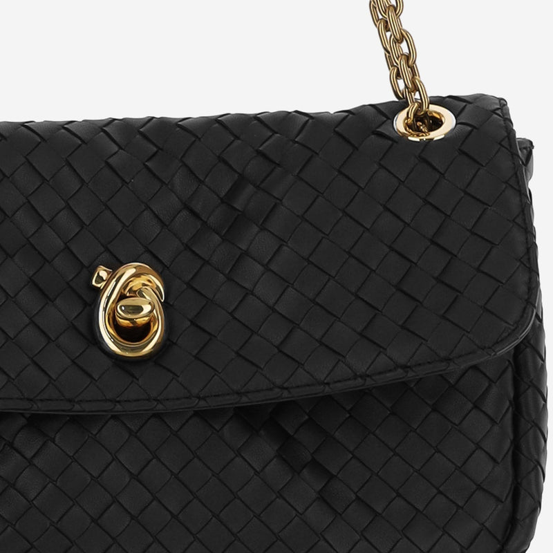 Bottega Veneta Intrecciato Woven Lambskin Shoulder Bag — Black Lamb Skin