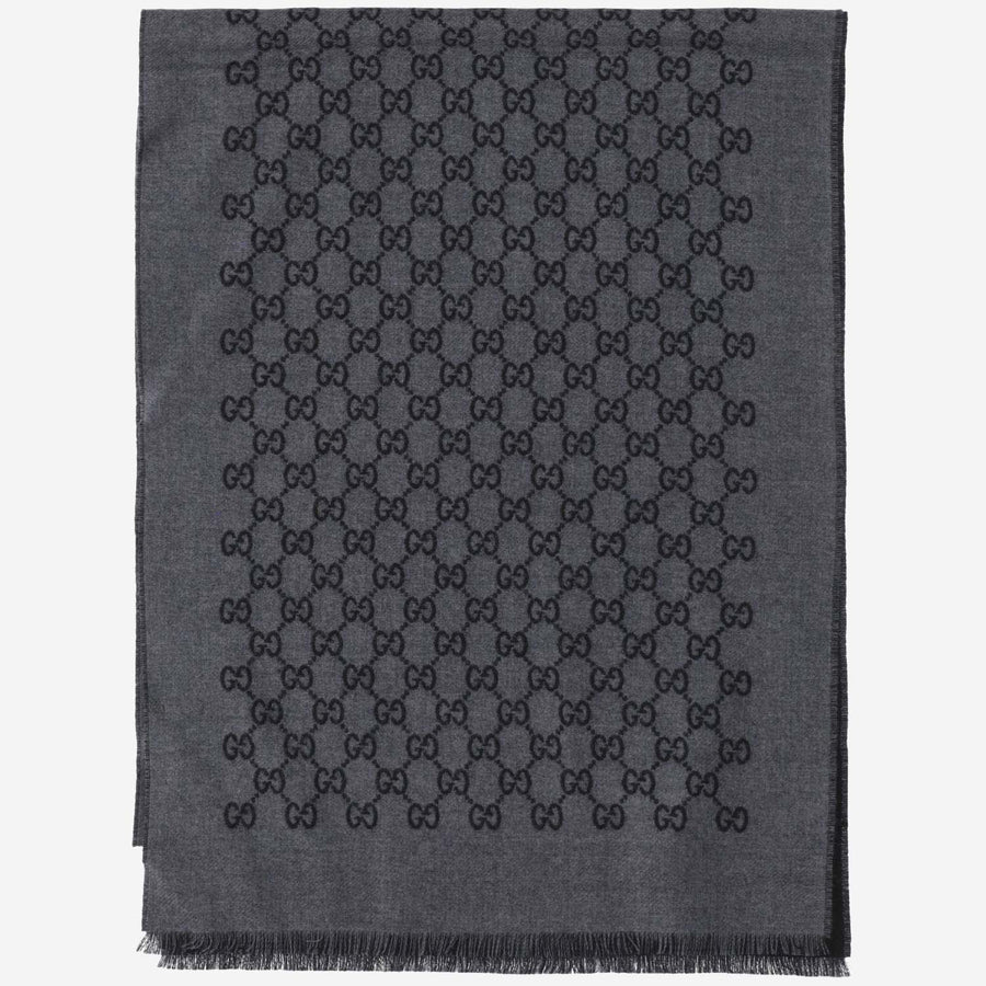 Gucci Gg-Pattern Wool Scarf — Gray Scarfs