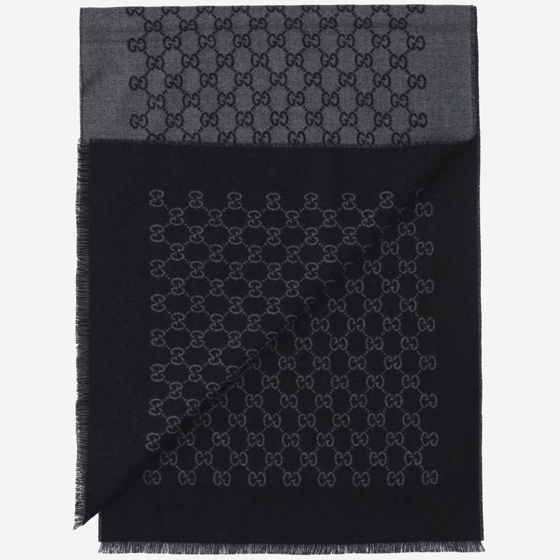 Gucci Gg-Pattern Wool Scarf — Gray Scarfs