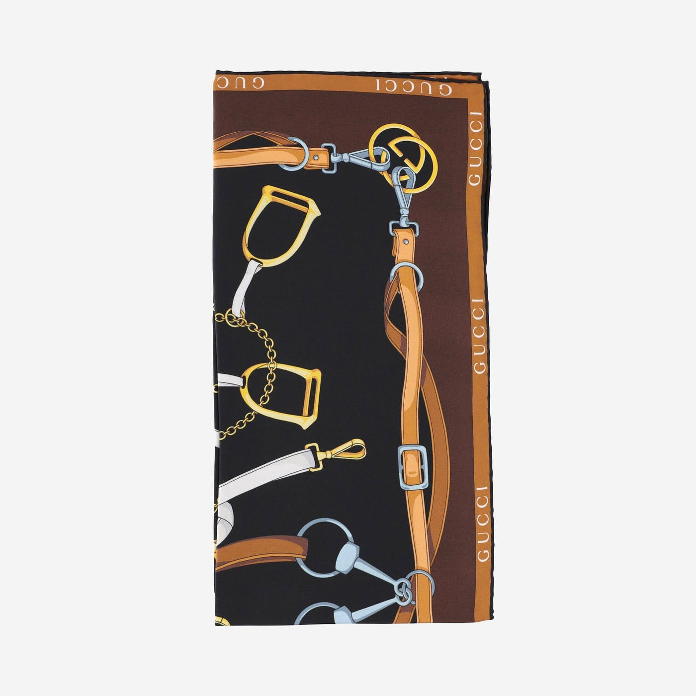 Gucci Equestrian Print Silk Twill Scarf — Brown Scarfs