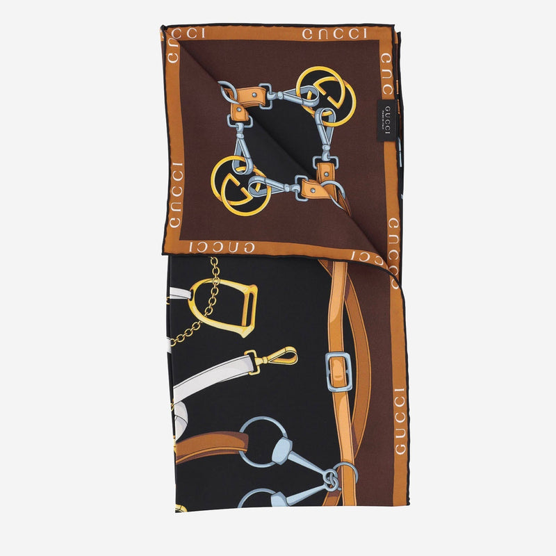 Gucci Equestrian Print Silk Twill Scarf — Brown Scarfs