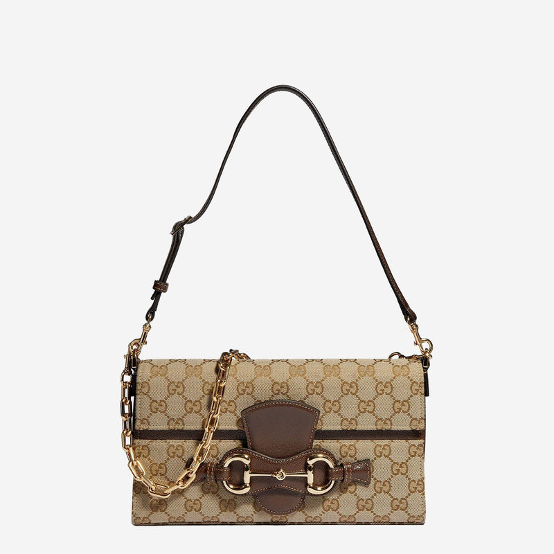 Gucci Horsebit Ristretto Shoulder Bag — Beige Fabric