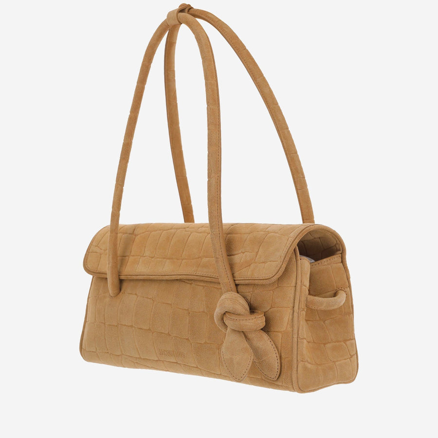 Jacquemus Crocodile-Embossed Suede Shoulder Bag — Beige