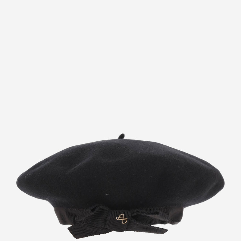 Patou Ac1120235 Wool With Grosgrain Bow Beanie — Black Beanies