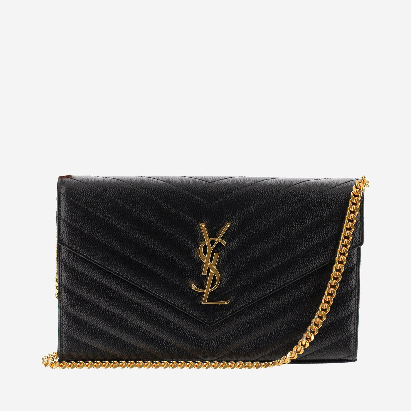 Saint Laurent Quilted Calfskin With Chain Strap Wallet — Black Leather