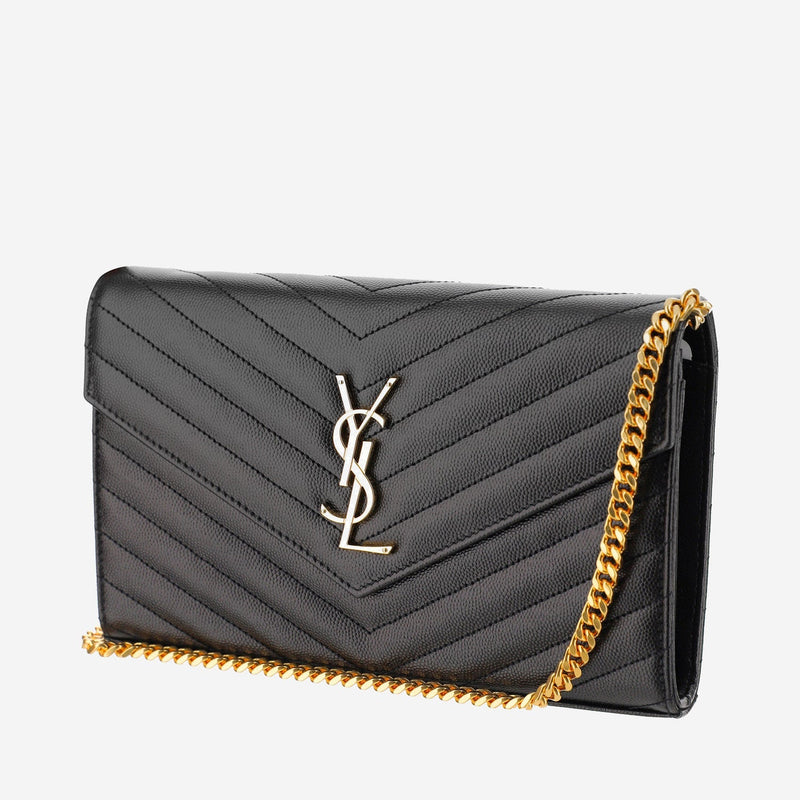 Saint Laurent Quilted Calfskin With Chain Strap Wallet — Black Leather