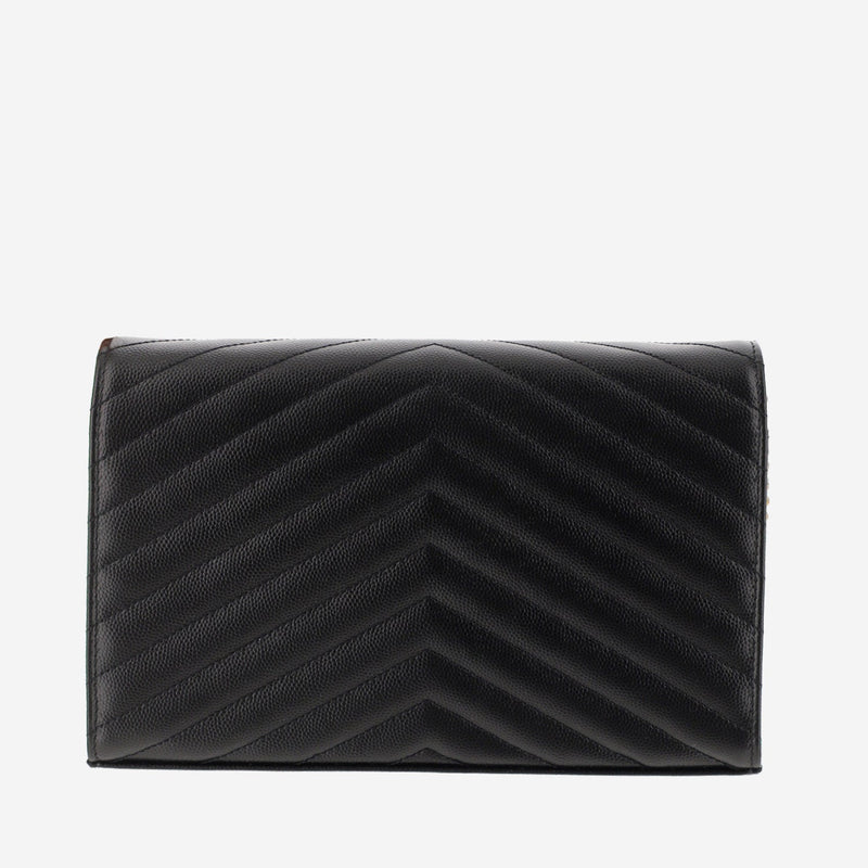 Saint Laurent Quilted Calfskin With Chain Strap Wallet — Black Leather