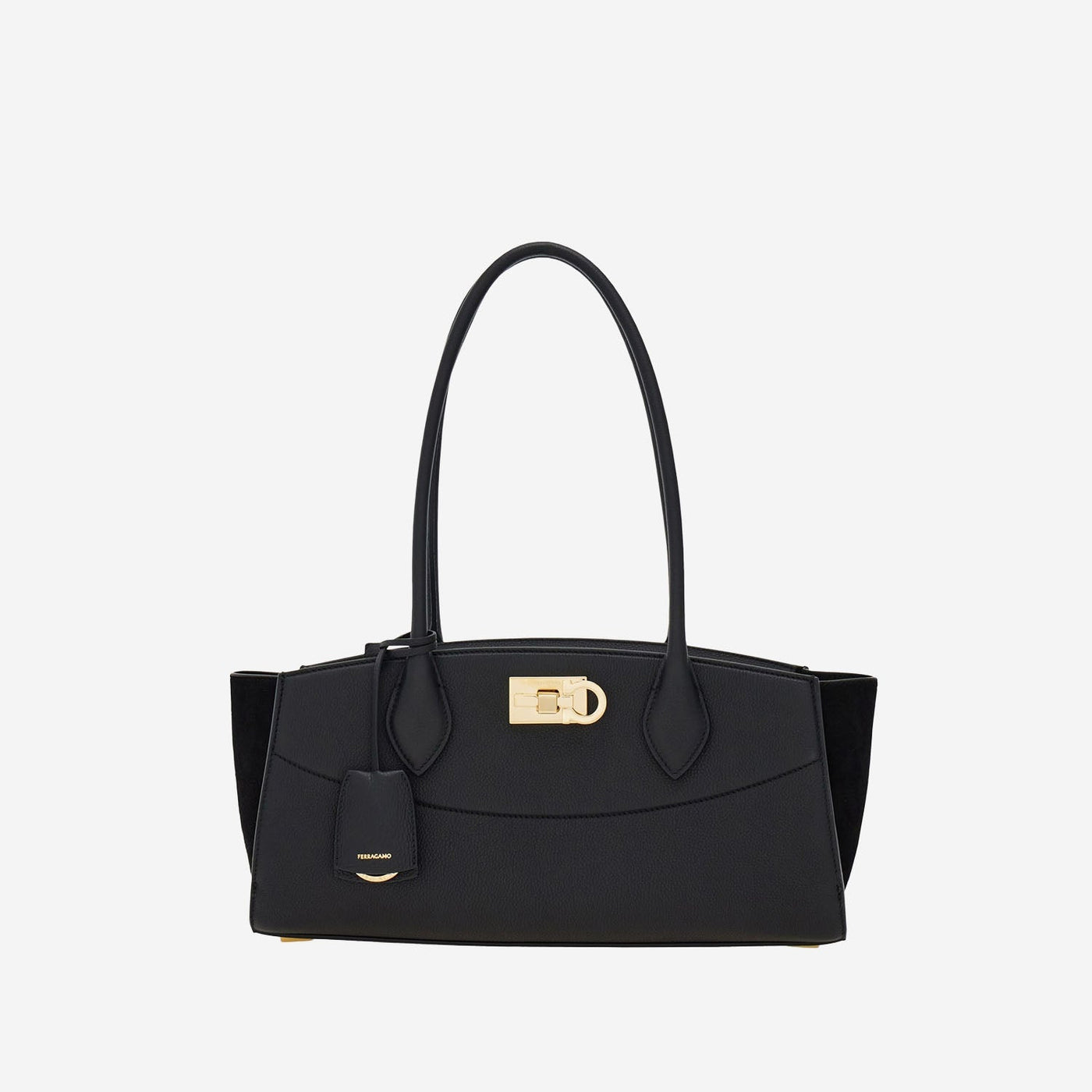 Ferragamo East West Shoulder Bag — Black Embossed Leather And Suede