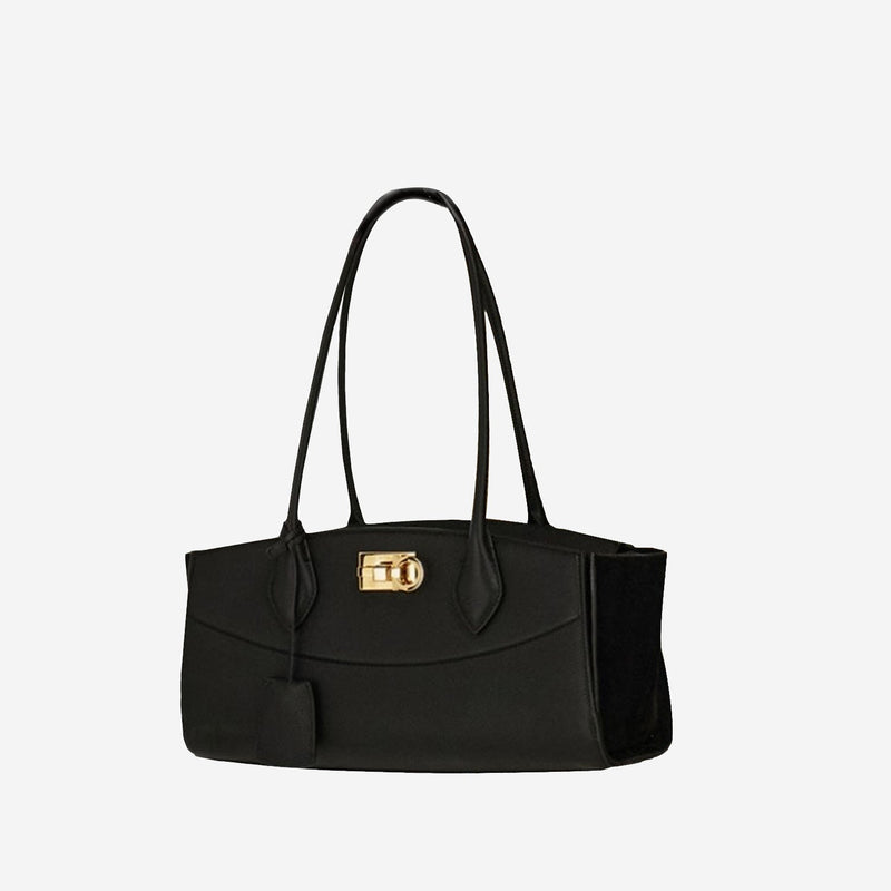 Ferragamo East West Shoulder Bag — Black Embossed Leather And Suede