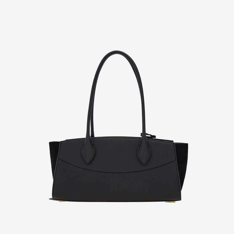 Ferragamo East West Shoulder Bag — Black Embossed Leather And Suede