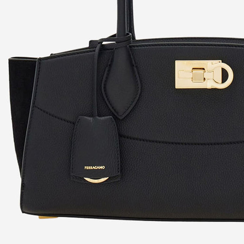 Ferragamo East West Shoulder Bag — Black Embossed Leather And Suede