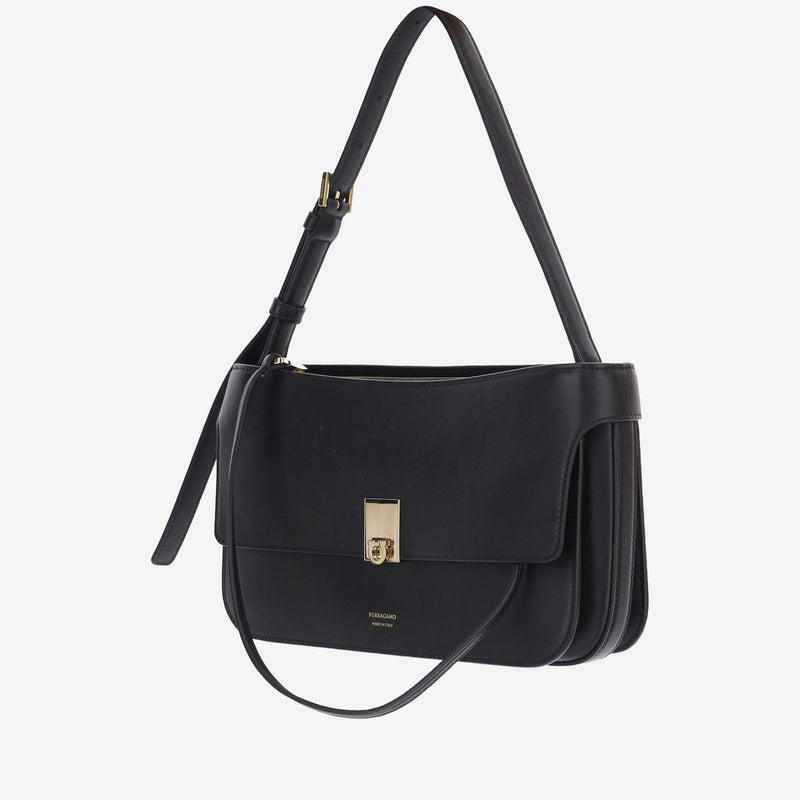Ferragamo Calf Leather Flap Shoulder Bag — Black