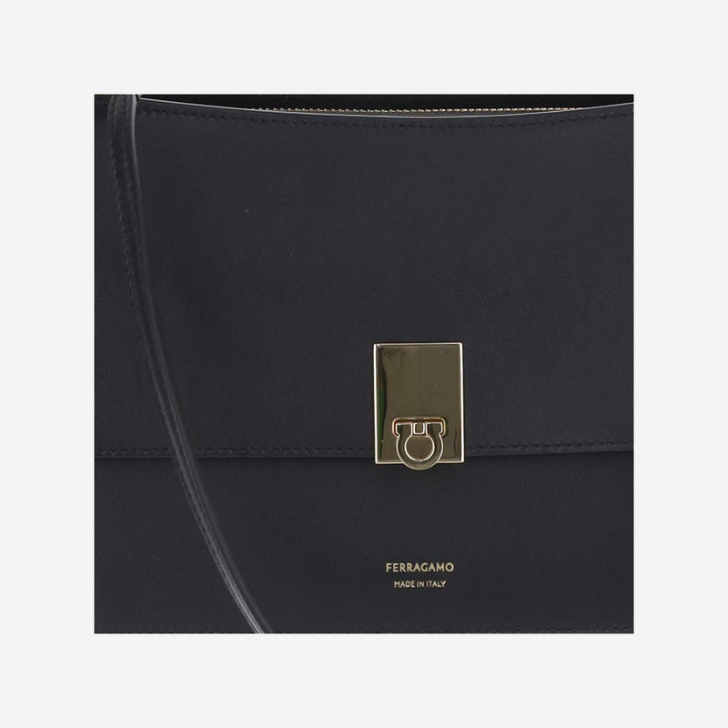 Ferragamo Calf Leather Flap Shoulder Bag — Black