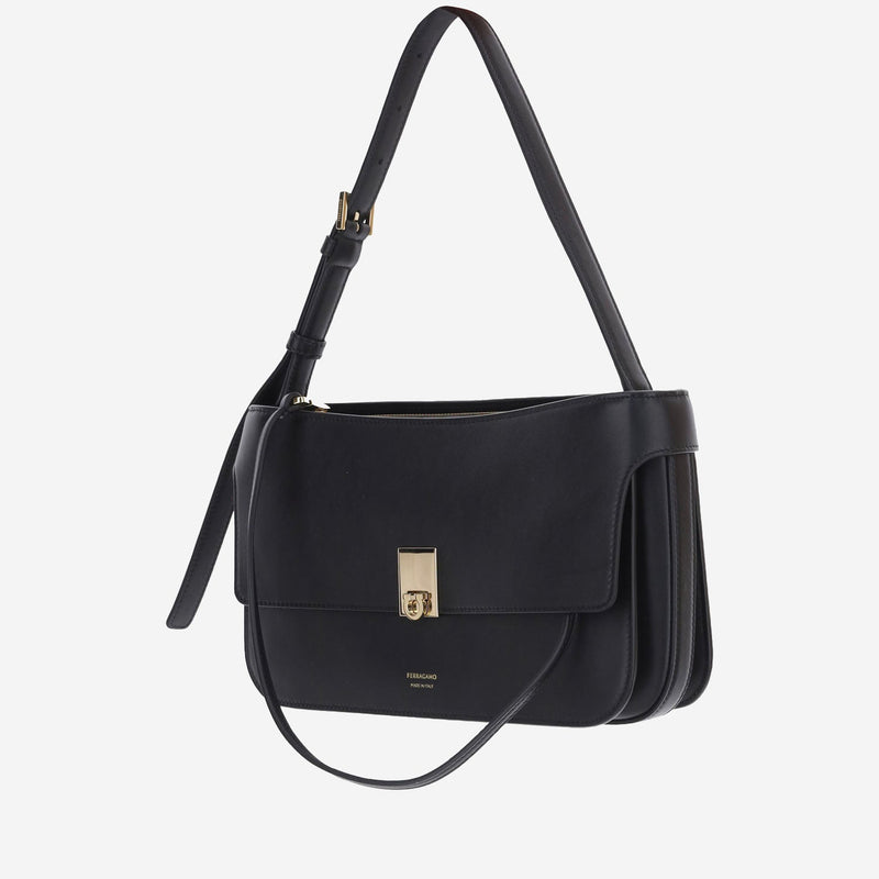 Ferragamo Cara Shoulder Bag — Black Calf Leather