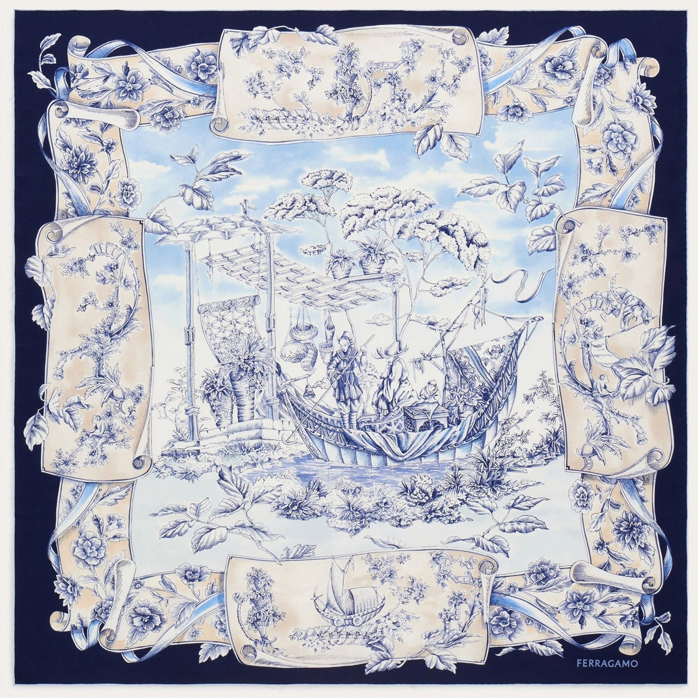 Ferragamo Voyage Print Silk Scarf — Navy Scarfs