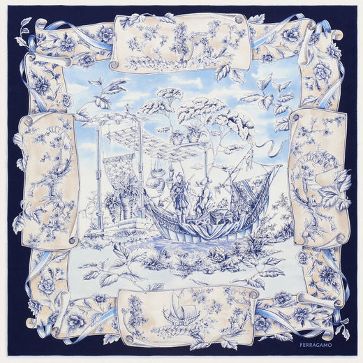 Ferragamo Voyage Print Silk Scarf — Navy Scarfs