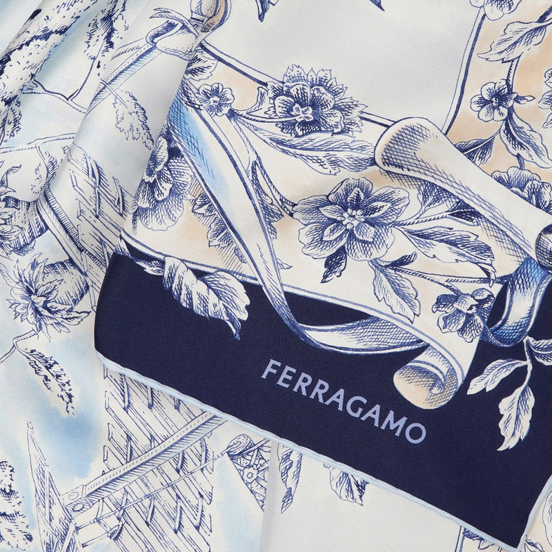 Ferragamo Voyage Print Silk Scarf — Navy Scarfs