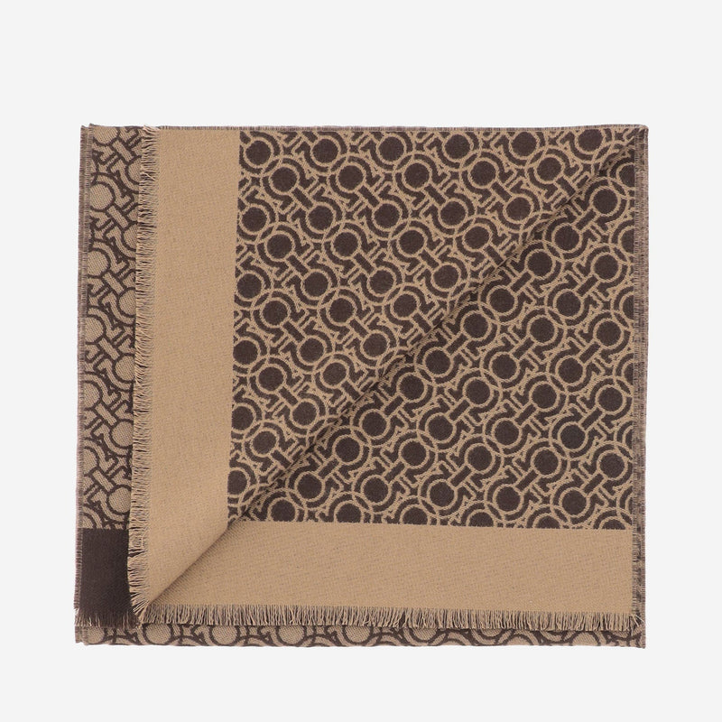 Ferragamo Wool Interlocking-Circle Jacquard Scarf — Camel Scarfs