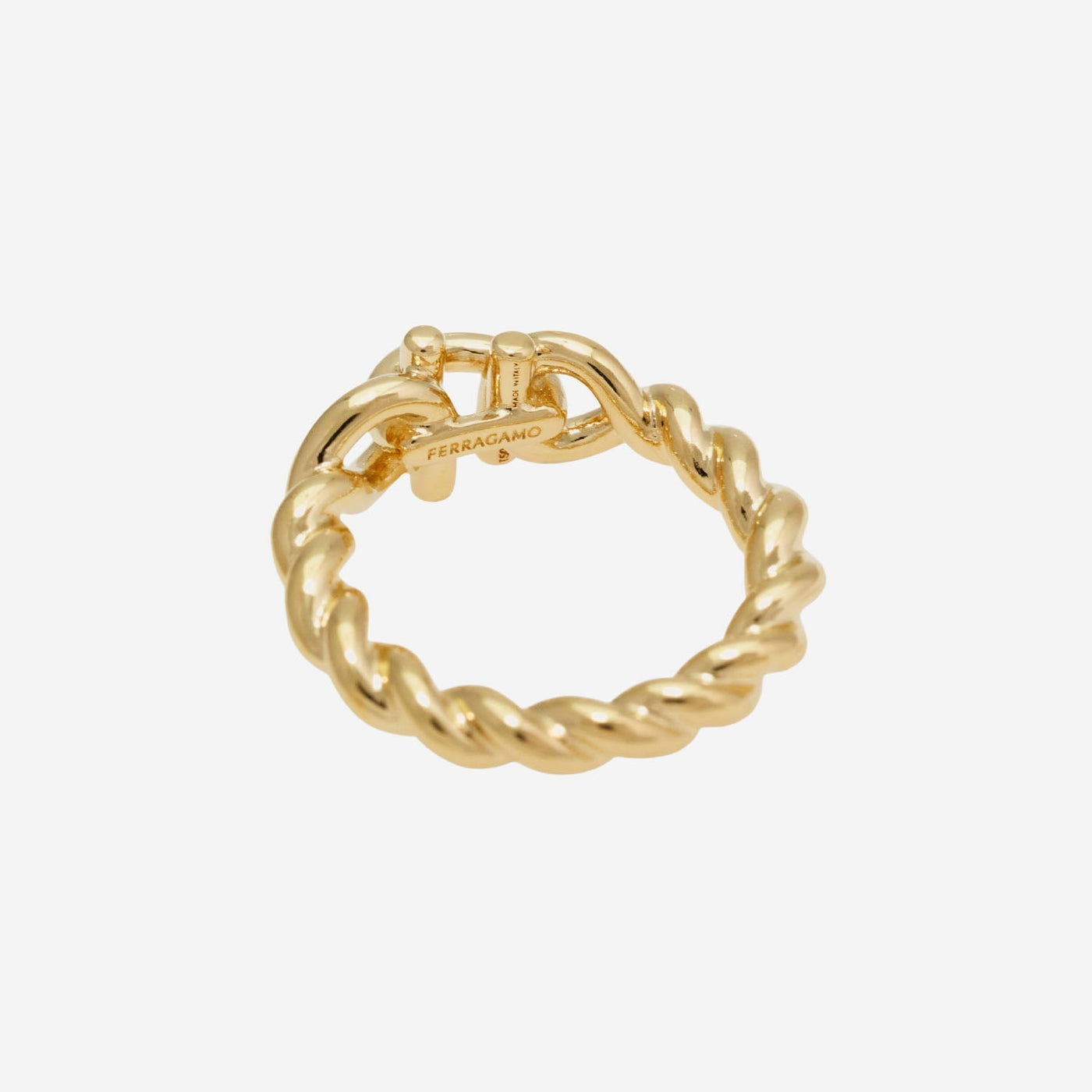 Ferragamo Twisted Brass Hook Ring — Gold Rings