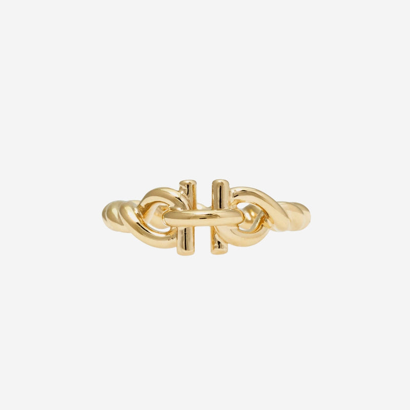 Ferragamo Twisted Brass Hook Ring — Gold Rings