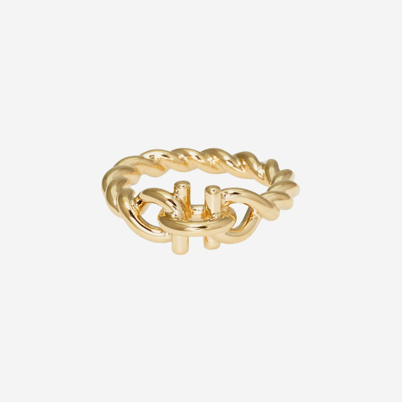 Ferragamo Twisted Brass Hook Ring — Gold Rings