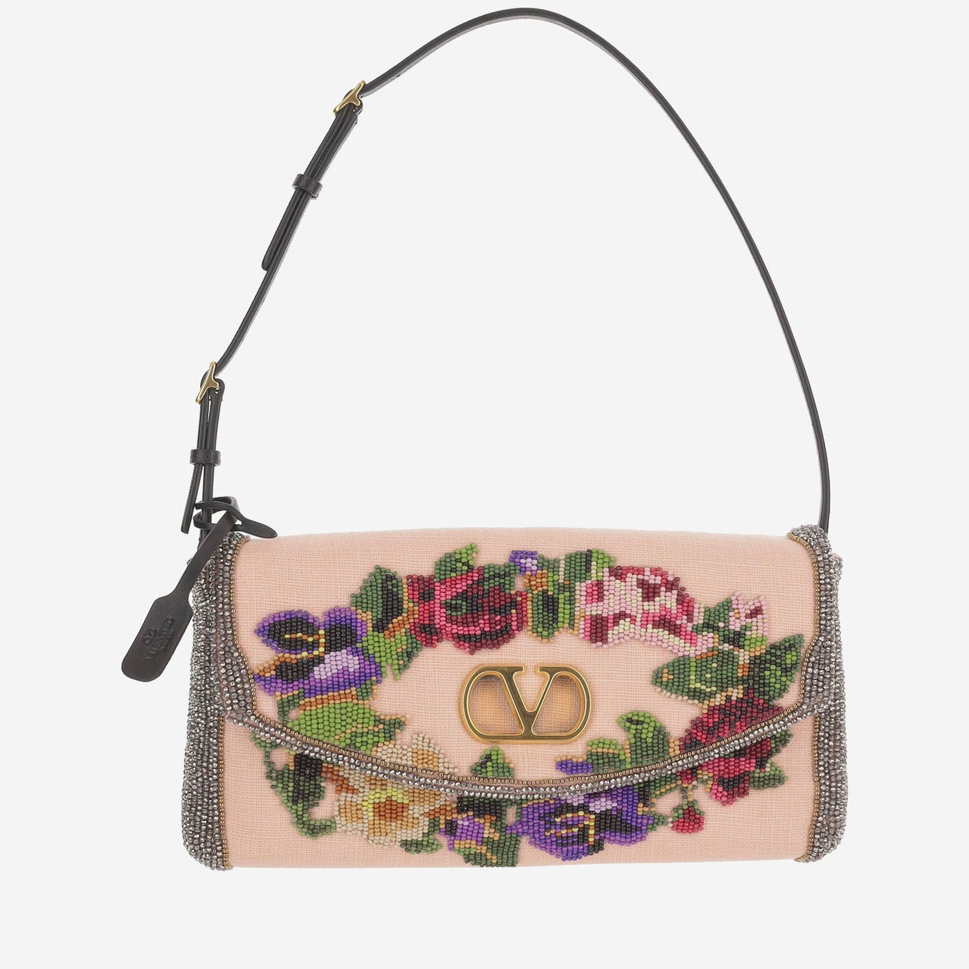 Valentino Garavani Embroidered Floral Linen Shoulder Bag — Beige