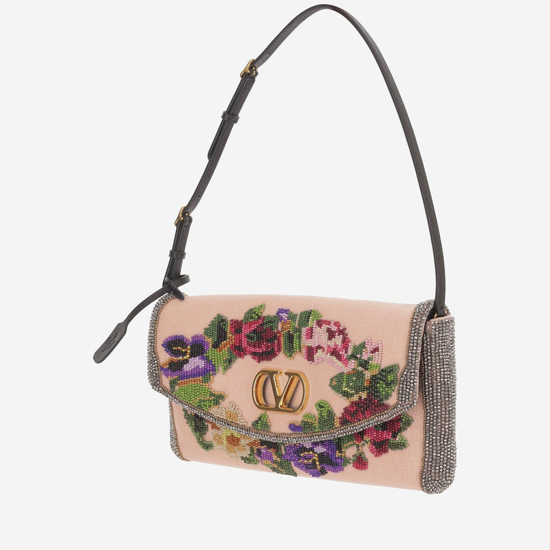 Valentino Garavani Embroidered Floral Linen Shoulder Bag — Beige
