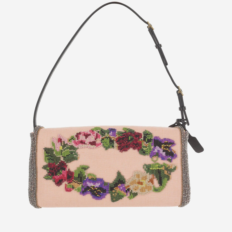Valentino Garavani Embroidered Floral Linen Shoulder Bag — Beige