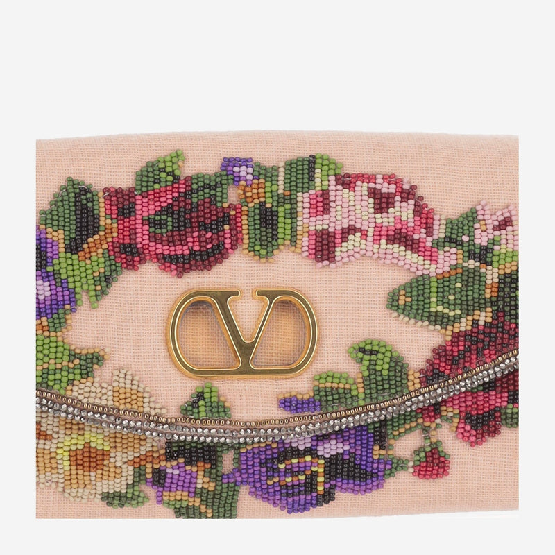 Valentino Garavani Embroidered Floral Linen Shoulder Bag — Beige