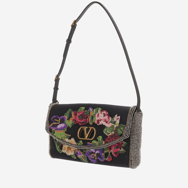 Valentino Garavani Devain Shoulder Bag — Black Linen