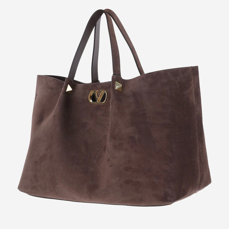 Valentino Garavani Suede Rockstud Shoulder Bag — Brown