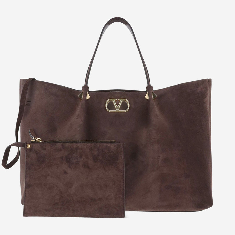 Valentino Garavani Suede Rockstud Shoulder Bag — Brown
