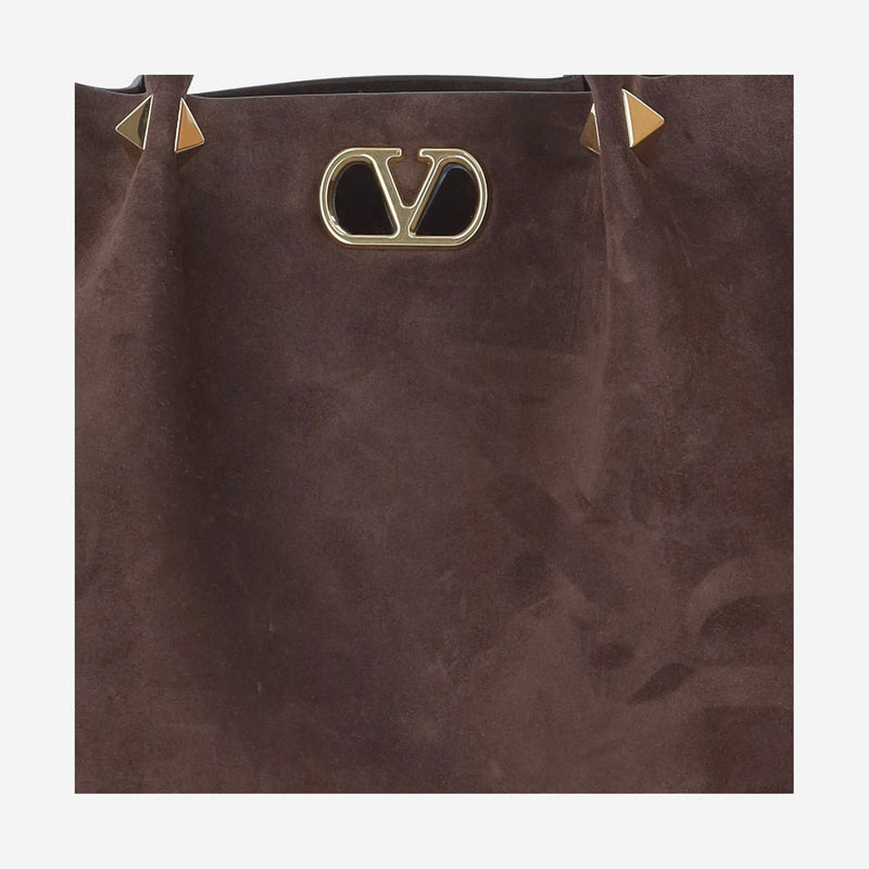 Valentino Garavani Suede Rockstud Shoulder Bag — Brown