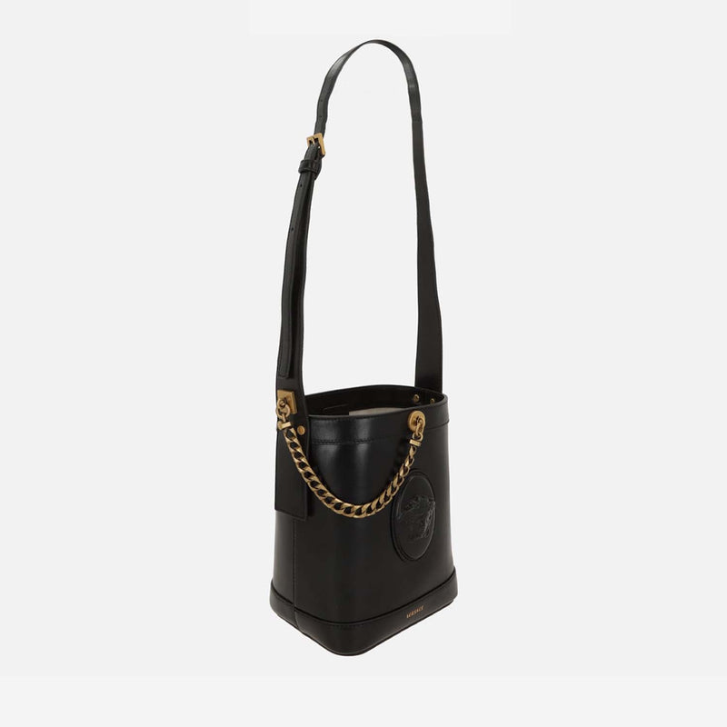 Versace Medusa-Emblem Leather Bucket Bag — Black