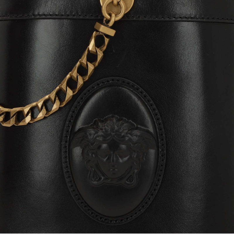 Versace Medusa-Emblem Leather Bucket Bag — Black