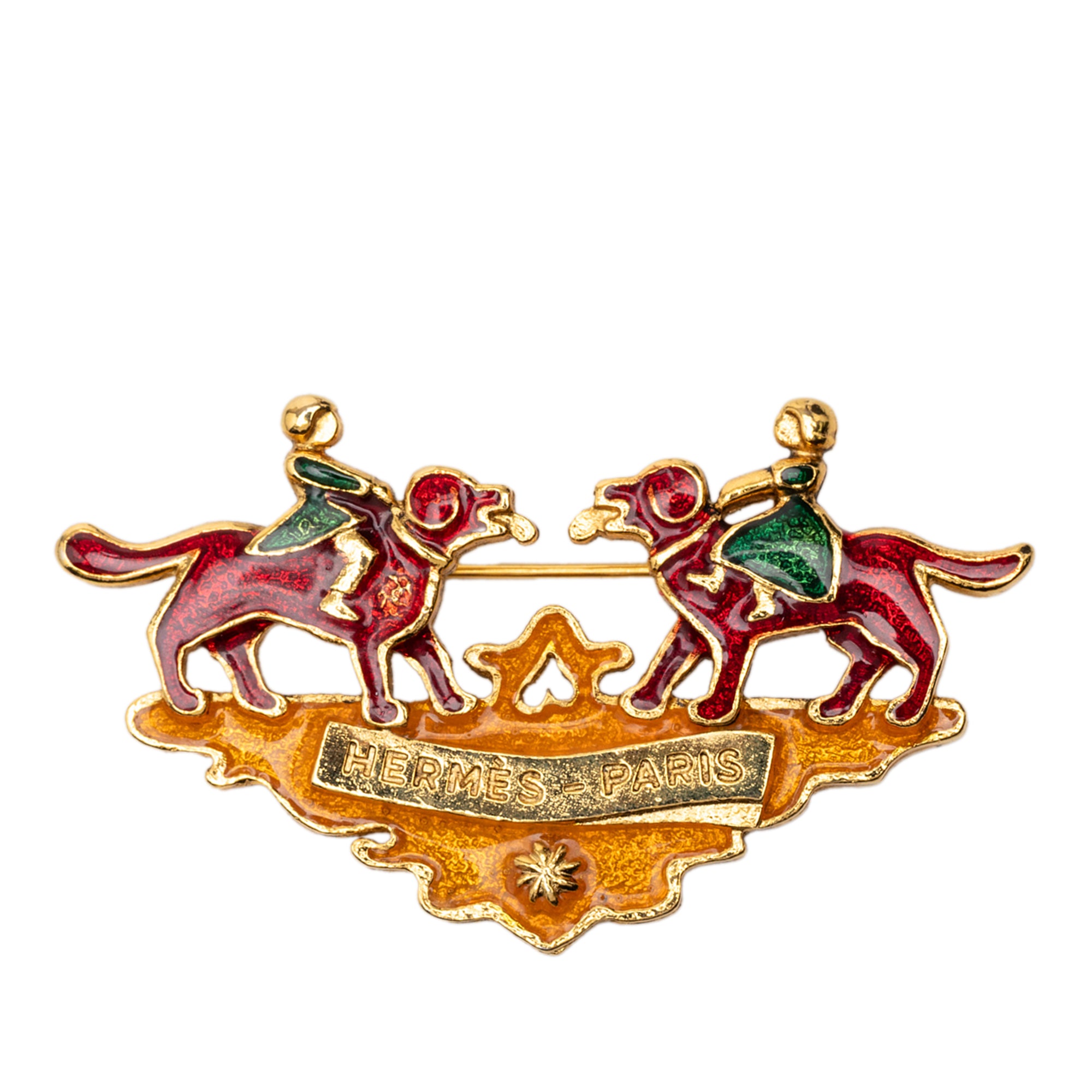 Gold Plated Enamel Children And Dogs Brooch - Image 1