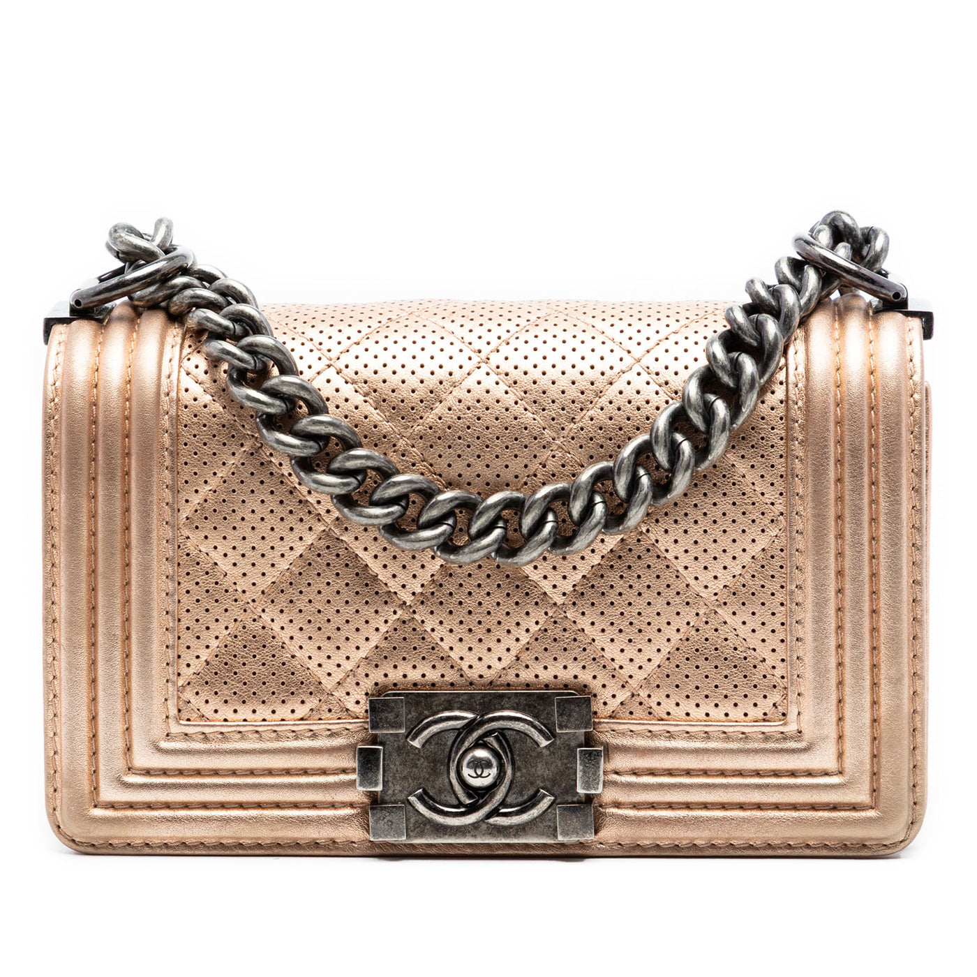 Small Quilted Perforated Metallic Lambskin Boy Flap - Image 1